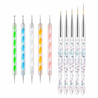 Nail art tools including dotting tools and fine brushes.