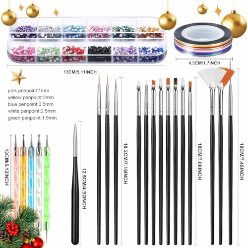 Nail art tools set with brushes, dotting pens, and decoration accessories.