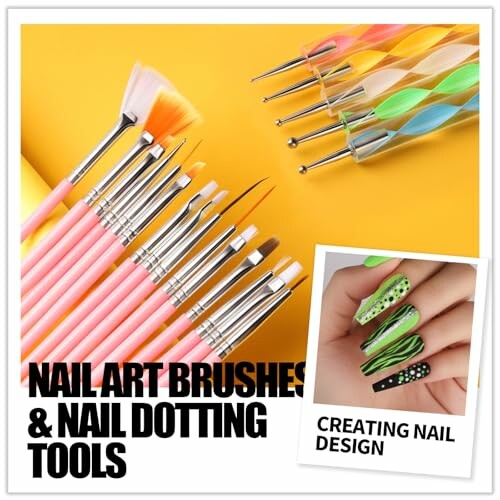Nail art brushes and dotting tools with nail design image.