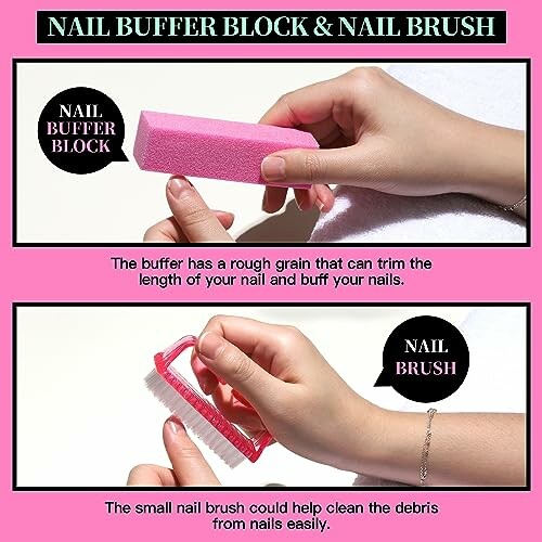 Nail buffer block and nail brush in use.