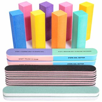 Colorful nail buffer blocks and files for manicure.
