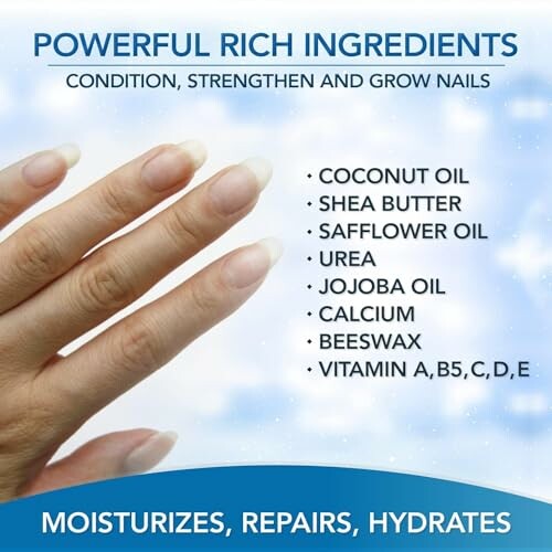 Hand with healthy nails and list of ingredients for nail care
