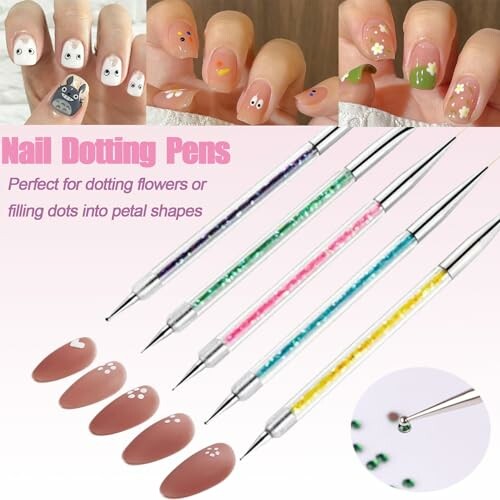Nail dotting pens for creating flower and petal shapes on nails.