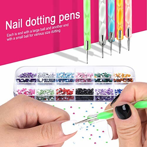 Nail dotting pens with colorful rhinestones and usage demonstration.