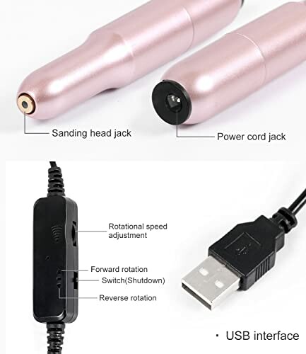 Nail drill parts with USB interface showing sanding head jack, power cord jack, and controls for speed and rotation.