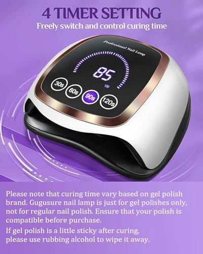 Nail lamp with LED timer display and curing instructions.
