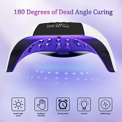 LKE 268W UV LED nail lamp showcasing its 180 degrees dead angle curing feature.