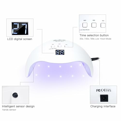 UV LED nail lamp with LCD screen and time settings.