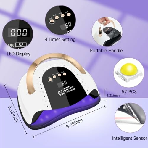 Nail lamp with LED display and a portable handle for easy transportation.