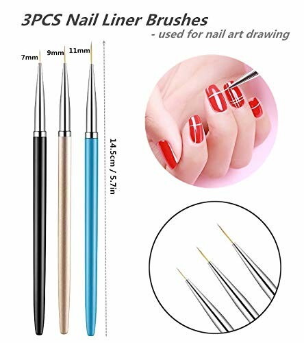 Set of 3 nail liner brushes with measurements and nail art example.