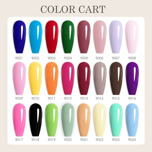 Nail polish color chart with various shades and reference numbers.