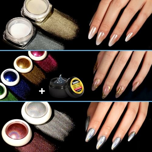 Various nail powders and polished nails in different colors and effects.