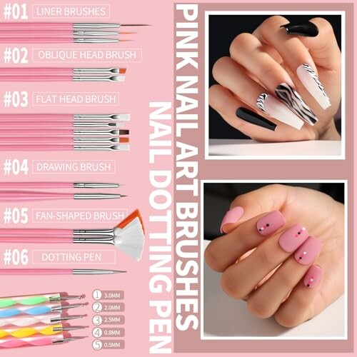 Various nail art brushes and dotting pen with examples of nail designs.