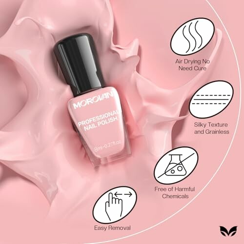 Pink nail polish bottle on a splashy background with features listed: air drying, silky texture, easy removal, free of harmful chemicals.