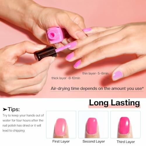 Applying pink nail polish with tips for long-lasting finish.