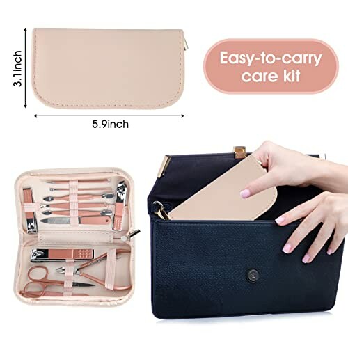 Compact manicure kit with tools inside a small beige case.