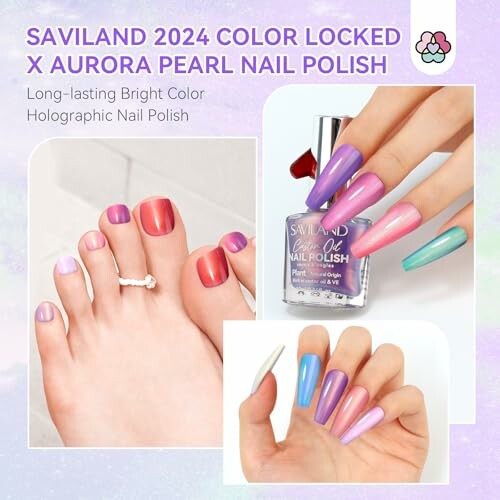 Saviland 2024 Aurora Pearl Nail Polish Collection with colorful nail designs.