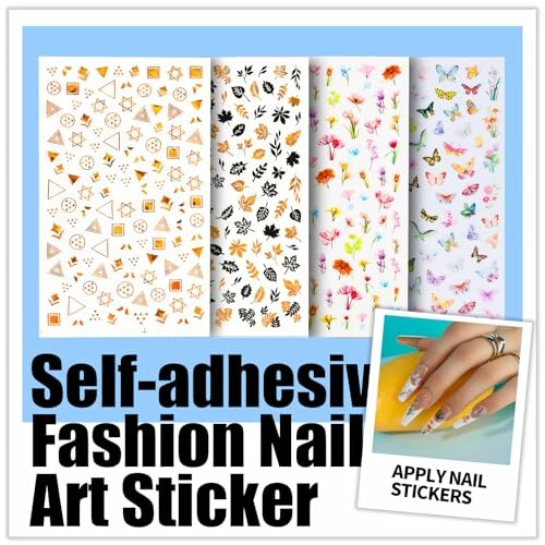Various self-adhesive nail art stickers with geometric and floral designs.