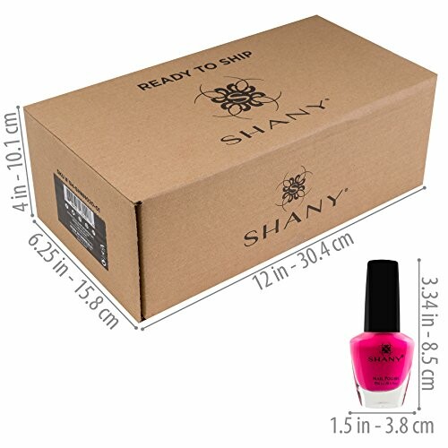 Shany shipping box with pink nail polish bottle and dimensions.