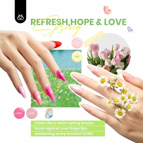 Colorful spring-themed nail art with flowers and butterflies.