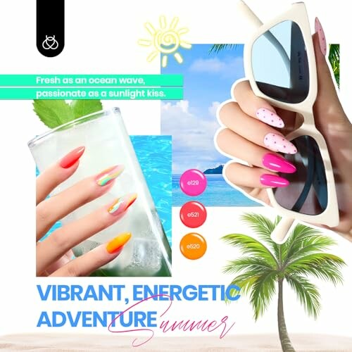 Colorful summer nail art with beach background.
