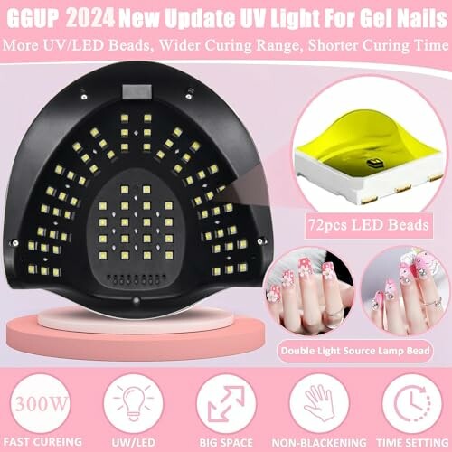 UV light for gel nails with 72 LED beads and nail art examples.