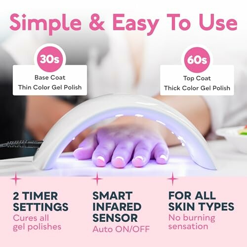 UV nail lamp curing gel polish with timer settings.