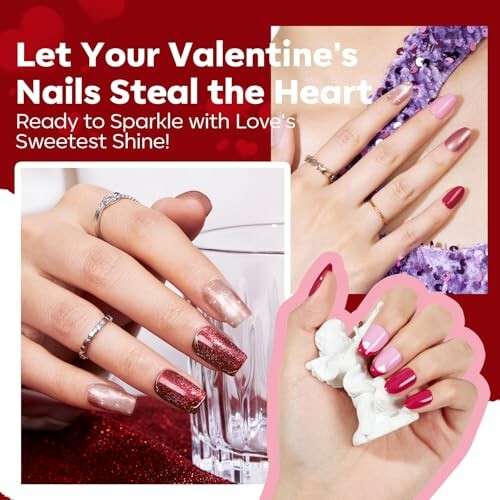 Valentine's themed nail art designs in pink and red.